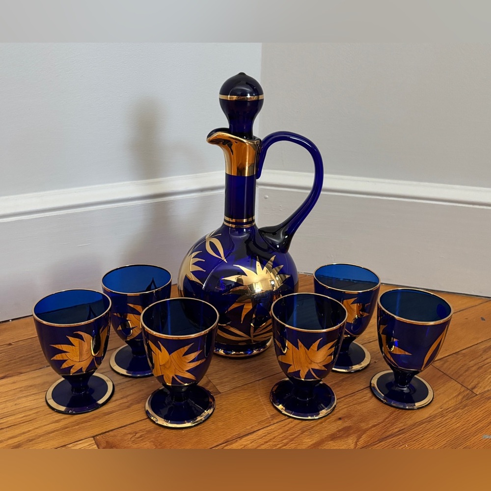 Midcentury Bohemia Crystal Cobalt Blue Glass Decanter Set RARE